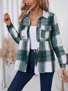 SHEIN Essnce 女款格紋荷葉邊襯衫領夾克 - 軍綠色 - 查看 6