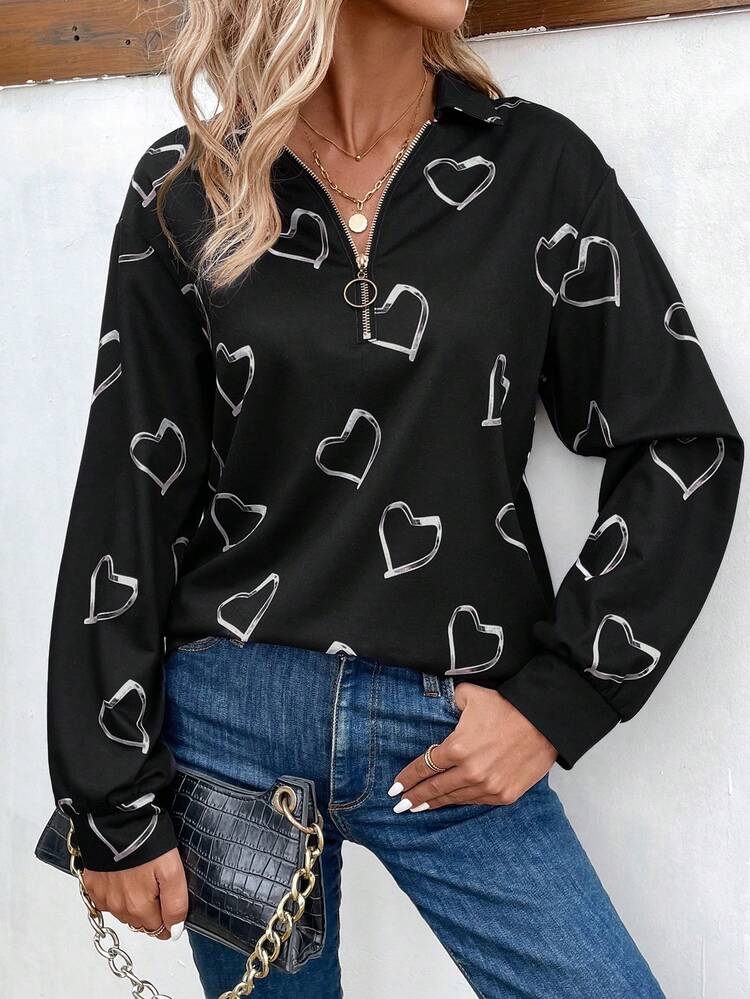 Women's Half Zipper Sweatshirt With Heart Print Pullover Fall Sweatshirt