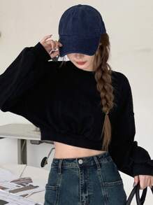 DAZY Màu thuần Vòng cổ Thả vai Giải trí Áo nỉ - màu đen - Xem 5