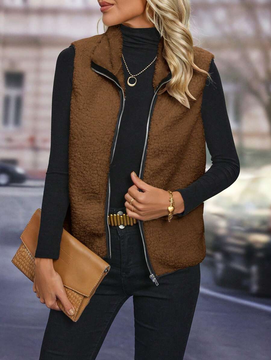 Của phụ nữ Không tay Dây kéo Áo vest - Cà phê nâu - Xem 1