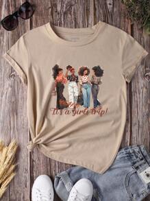 SHEIN LUNE 女款短袖t恤,印有文字和字母 - 杏色 - 查看 1