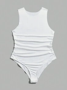 SHEIN Essnce 大尺碼女款純色百褶連身衣 - 卡其色 - 查看 8