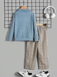 SHEIN 2 件套年轻男孩纯色高领毛衣和格子保暖衬里裤子，加厚 - 彩色 - 查看 2