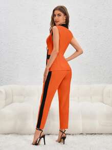 SHEIN Privé Của phụ nữ Khối màu Bộ đồ Áo vest Và Quần Bộ - trái cam - Xem 3
