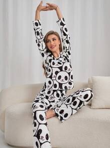 Panda Print Women Crew Neck Long Sleeve Top And Pants Pajama Set, Winter Clothes - Black and White - View 6
