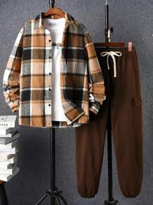 Mùa thu Và Mùa Đông Đã chải Kẻ sọc Áo sơ mi & Nam Trở viền Quần Cargo Phù hợp Bộ Đối với Gia đình , Mẹ Và ( Bộ Của 5 , Riêng biệt ) - Nhiều màu - Xem 1