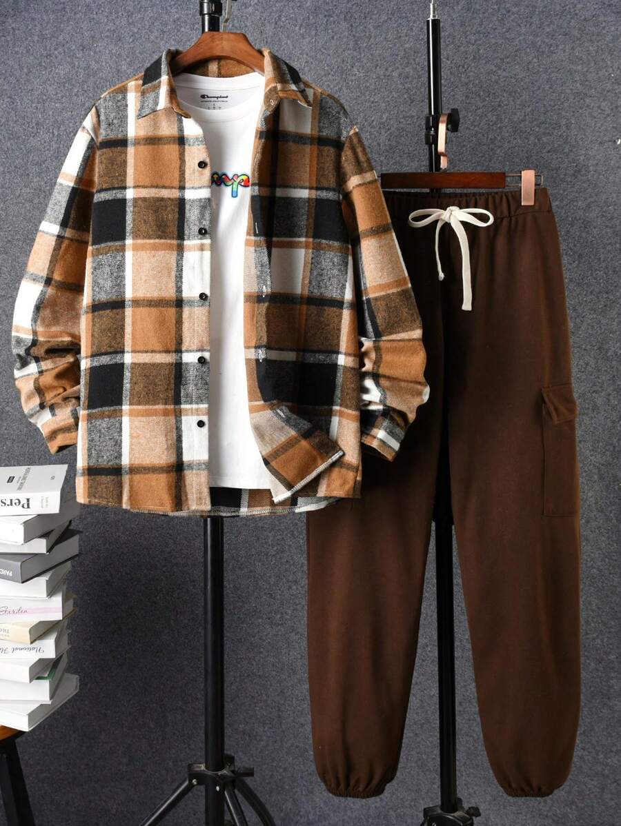 Mùa thu Và Mùa Đông Đã chải Kẻ sọc Áo sơ mi & Nam Trở viền Quần Cargo Phù hợp Bộ Đối với Gia đình , Mẹ Và ( Bộ Của 5 , Riêng biệt ) - Nhiều màu - Xem 1