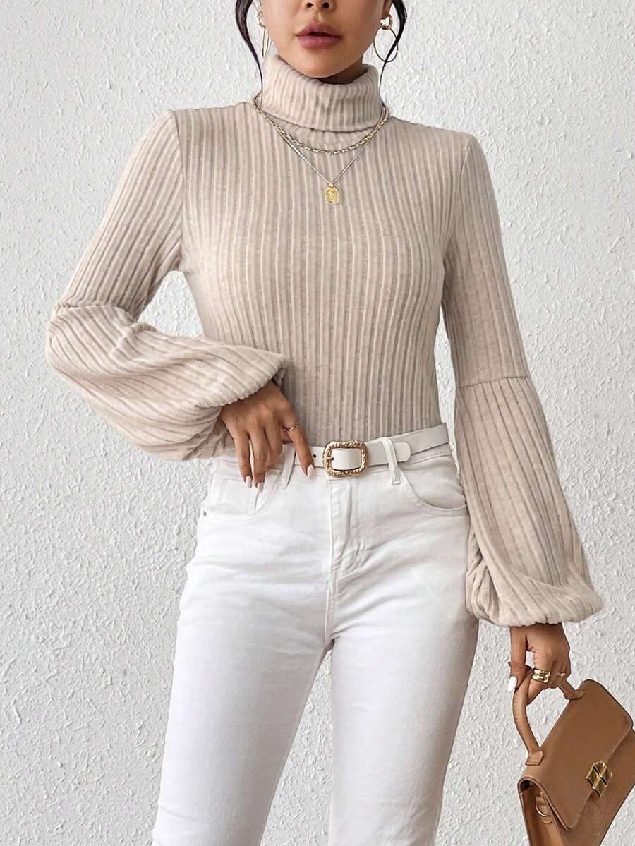 SHEIN Privé Của phụ nữ Màu thuần Cổ áo cao Tay áo lồng đèn Áo thun - Màu Khaki - Xem 1