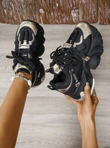 女款金屬拼色厚底圓頭時尚運動鞋,適用於秋/冬季節,厚底設計 - 黑色 - 查看 4