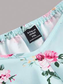 Flirla Plus Size Women's Floral Print Ruffle Hem Skater Dress With Sweetheart Neckline - Green - View 4