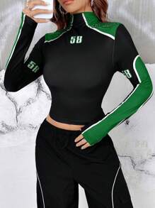 SHEIN Coolane Chặn màu Cổ áo cao Tay áo dài Áo thun Với In - màu xanh lá - Xem 5