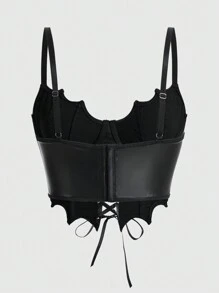 ROMWE Goth 女士纯色镂空系带钢圈PU蝙蝠袖露脐上衣