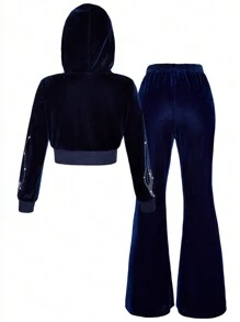 SHEIN Tween Girl Velvet Hooded Sweatshirt Suit - Royal Blue - View 8