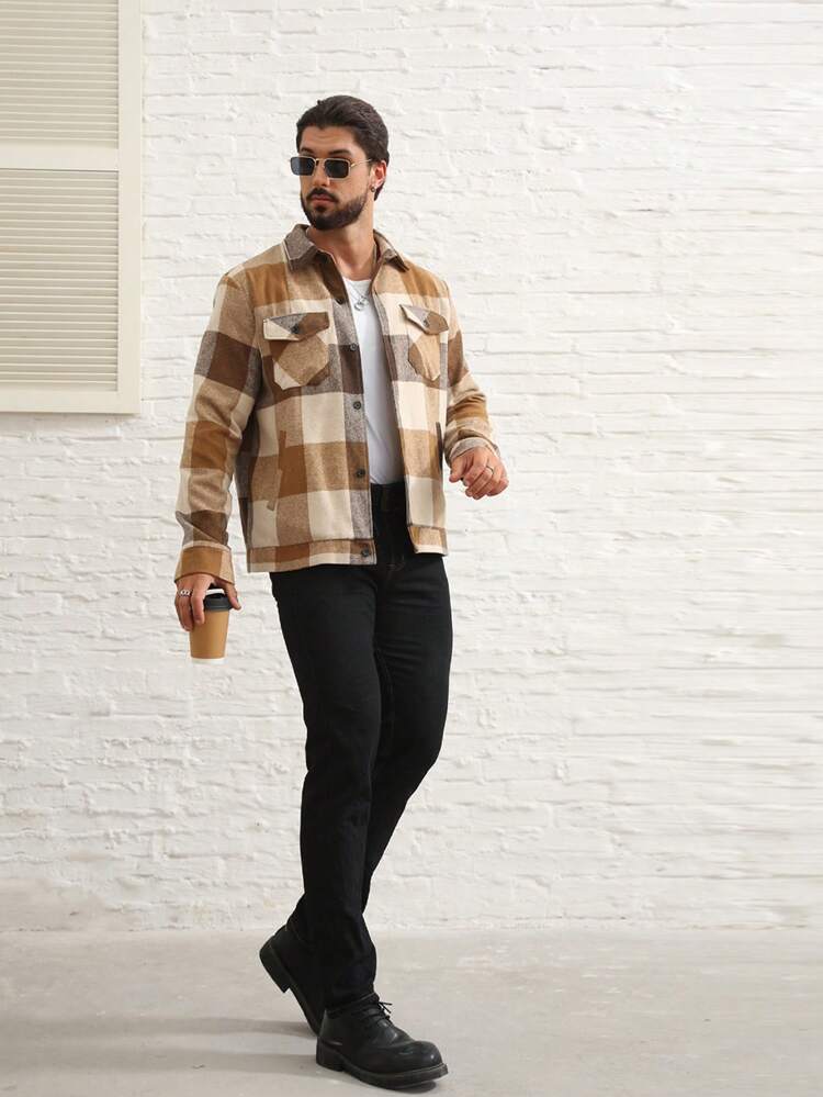 Men's Loose Fit Plaid Shirt-Style Overcoat