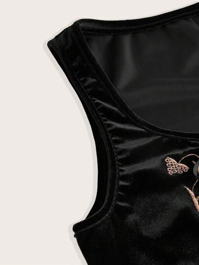 Fairycore Top de tirantes para mujer con bordado de plantas de estilo vintage y cierre de corbata trasera en terciopelo