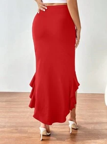 Firerie Asymmetrical Hem Pleated Skirt With Ruffle Hem Design