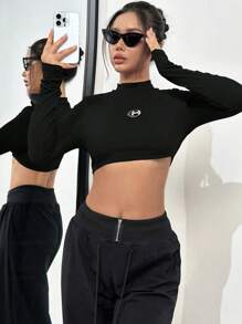 SHEIN Unity Top corto de manga larga con cuello medio alto para mujer, ropa de otoño - Negro - Ver 3