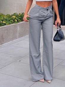 Quần dài tiện dụng thường ngày màu trơn cạp chun bất đối xứng - Xám - Xem 4