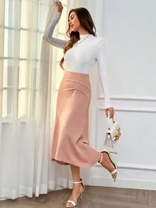 SHEIN Privé Falda asimétrica de pliegues y cola de pez - Caqui - Ver 4