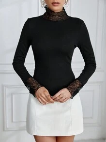 SHEIN Privé Lace Trimmed Long Sleeve T-shirt