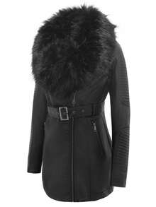 Giolshon Women's PU Jacket With Detachable Faux Fur Collar For Fall And Winter Warmth - Black - View 4