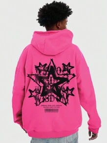 ROMWE MEN Street Life 男士街头风格五角星印花羊毛连帽衫，适合春秋冬季日常穿着、上学 - 玫紅色 - 查看 4