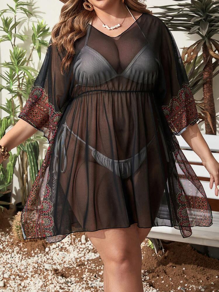 Summer Plus Size Loose See Through Cover Up With Pattern Print