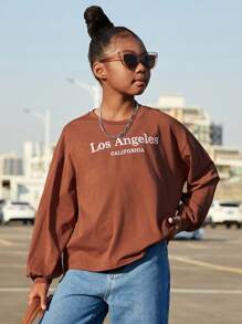 SHEIN Cô gái Dệt kim Giải trí Mùa Đông Tay áo dài Áo thun Với Thêu Vòng cổ - màu nâu - Xem 1