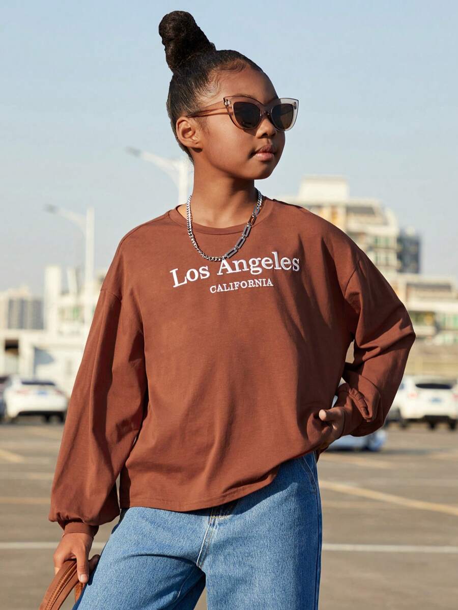 SHEIN Cô gái Dệt kim Giải trí Mùa Đông Tay áo dài Áo thun Với Thêu Vòng cổ - màu nâu - Xem 1