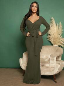 SHEIN SXY Của phụ nữ Đồ đan Ribbed Thắt lưng Đuôi cá Đầm - màu xanh lá - Xem 6
