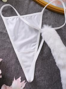 Tanga De Entrepierna Abierta Decorada Con Cola De Peluche De Un Solo Color - Blanco - Ver 4