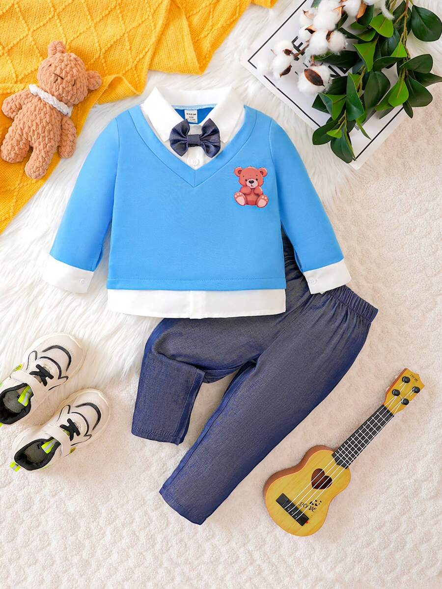 男婴熊图案二合一上衣和牛仔效果裤套装 - 藍色 - 查看 1