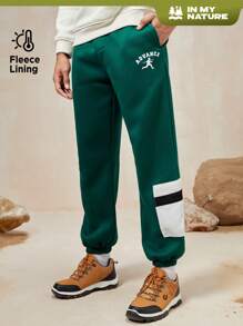 In My Nature Hombres Pantalones deportivos con estampado de letra panel en contraste de cintura con cordón