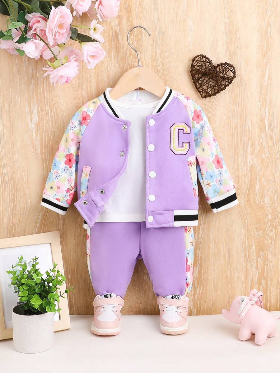 Em bé Cô gái Đúng mốt Phong cách đường phố Ngoài trời Bóng chày Với Mô hình hoa , Mùa thu - Màu tím - Xem 1