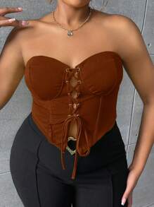 SHEIN SXY Plus Size Women's Front Tie Bandeau Top - Brown - View 1