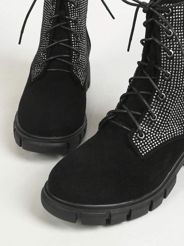 Women's Black Short Boots With Rhinestone Fashionable And Versatile Slip-on And Warm