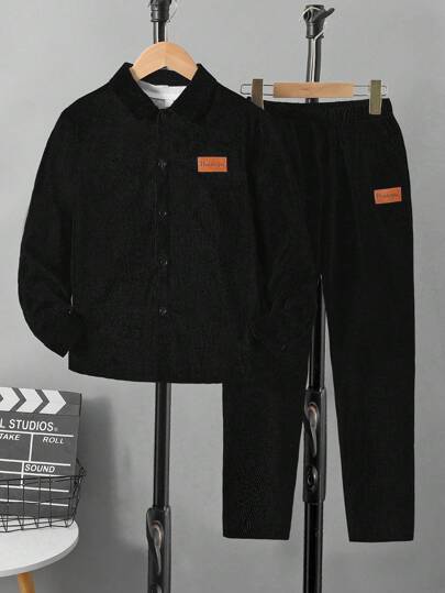 SHEIN 少年男童純色開衫領衫和純色褲子套裝