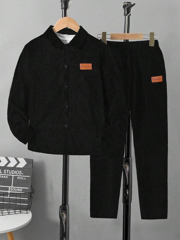 SHEIN Tween Boy Solid Color Cardigan Collar Shirt And Solid Color Pants Two Piece Suit