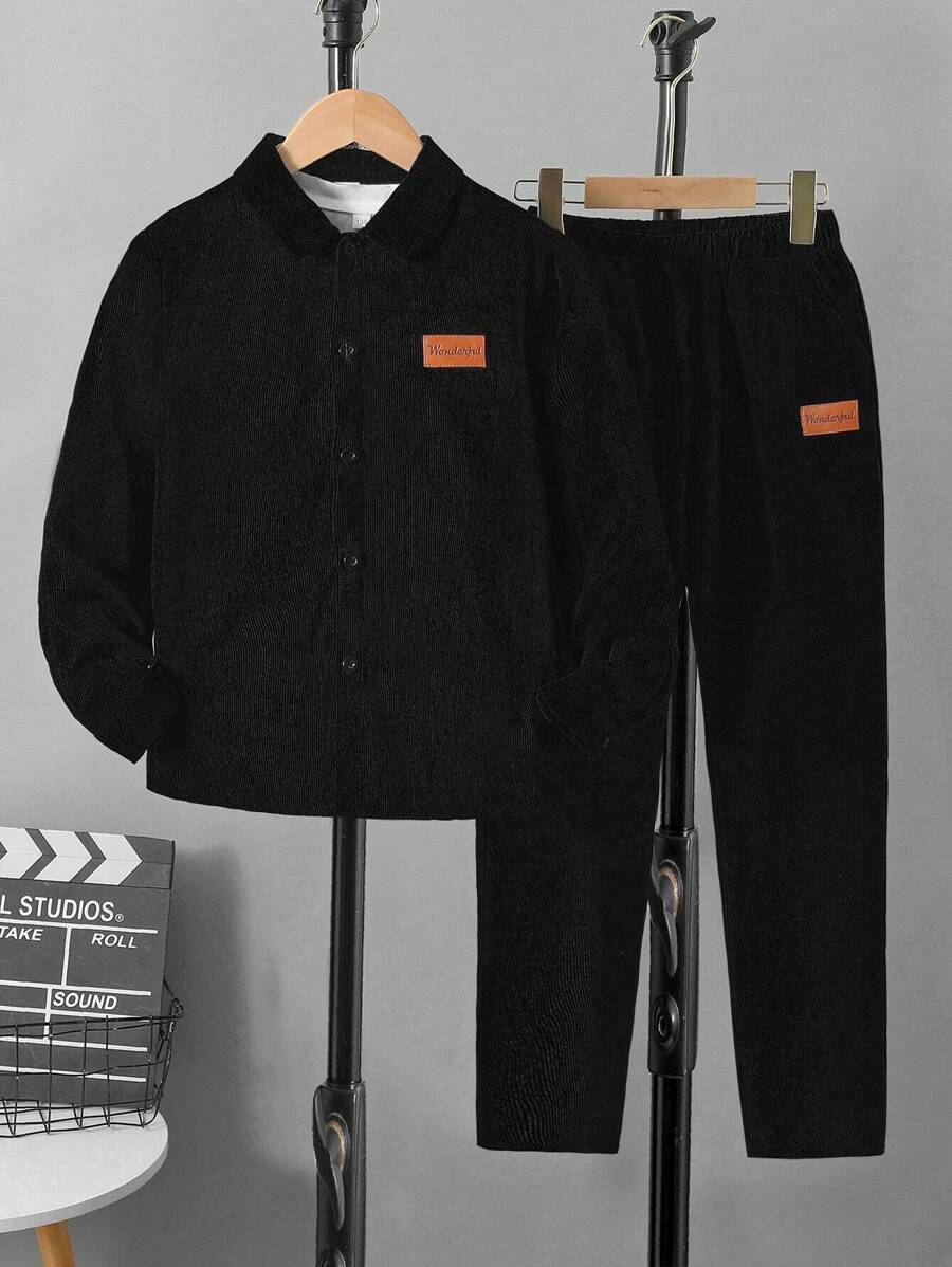 SHEIN Ragazzo Tween monocolore collo a cardigan Camicia e monocolore Pantaloni due pezzi Suit - nero - Visualizzare 1