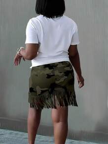 Maweii 女裝大尺碼簡約印花純色圓領短袖上衣搭配流蘇短褲2件套裝 - 彩色 - 查看 2