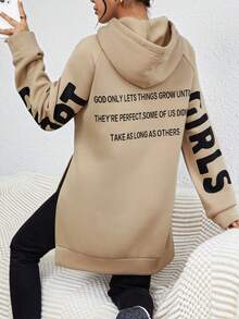 SHEIN Unity Slogan In Bên Khe Tay Raglan Dây rút Hoodie - Màu be - Xem 6