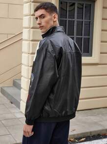 Chaqueta de carreras con bordado de letras en bloques de color para hombres - Blanco y Negro - Ver 4