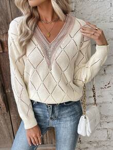 SHEIN LUNE 刺繡拼接空心針織衫 - 白色 - 查看 3