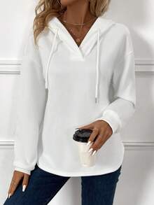 SHEIN LUNE Sudadera Con Capucha Y Cordón Con Hombro Caído En Color Sólido Para Mujer - Blanco - Ver 3