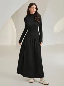Mulvari 純色高領長袖裙,無腰帶 - 黑色 - 查看 4