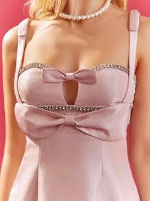 Enchnt 女式粉紅鏤空肩蝴蝶結結水鑽綴飾洋裝 - 粉色 - 查看 5