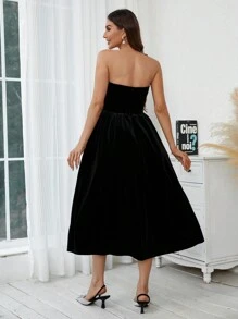 SHEIN Privé Women's Strapless Waist Cinched Dress With Rhinestone Decoration - Black - View 2