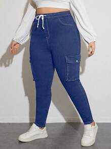 加大尺寸拉繩腰斜口袋貨褲牛仔褲 - 中等水洗藍 - 查看 5