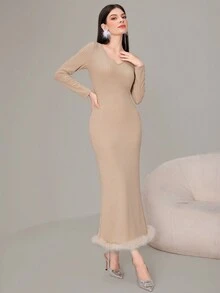 Modelyn 女式磨邊羅紋針織連身裙 - 杏色 - 查看 3