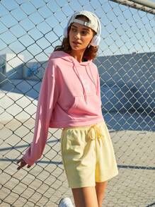 SHEIN Sports 女士字母印花袋鼠口袋抽绳卫衣 - 粉色 - 查看 7